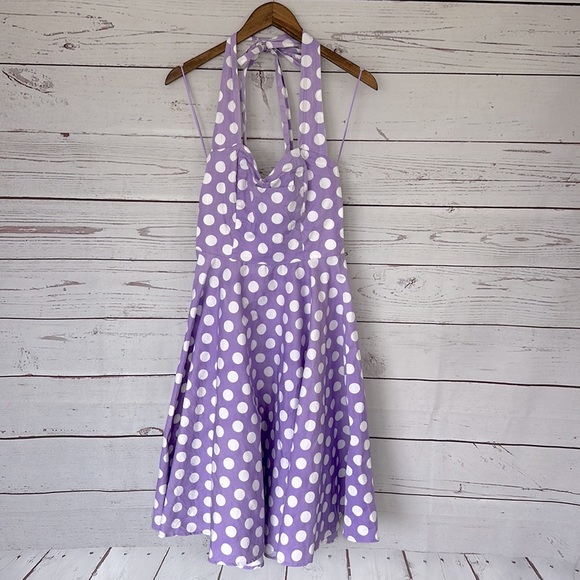 Hell Bunny Dresses & Skirts - HELL BUNNY VIXEN Lavender White Polka Dot Fit & Flare Halter Dress Size Medium